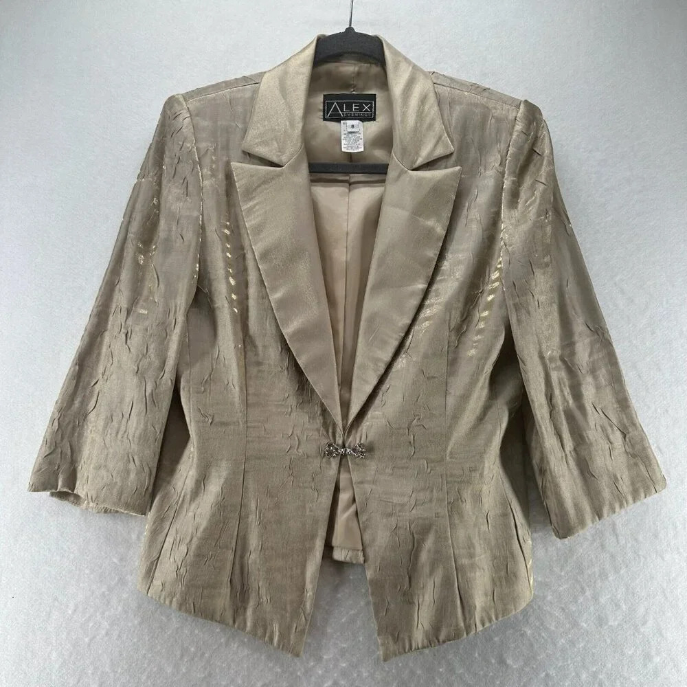 Alex Evening Blazer Size 8 Shimmer Rhinestone Clasp Frog Textured Jacket Beige